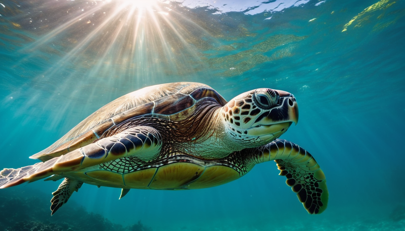 Green sea turtle swimming through sunlit water